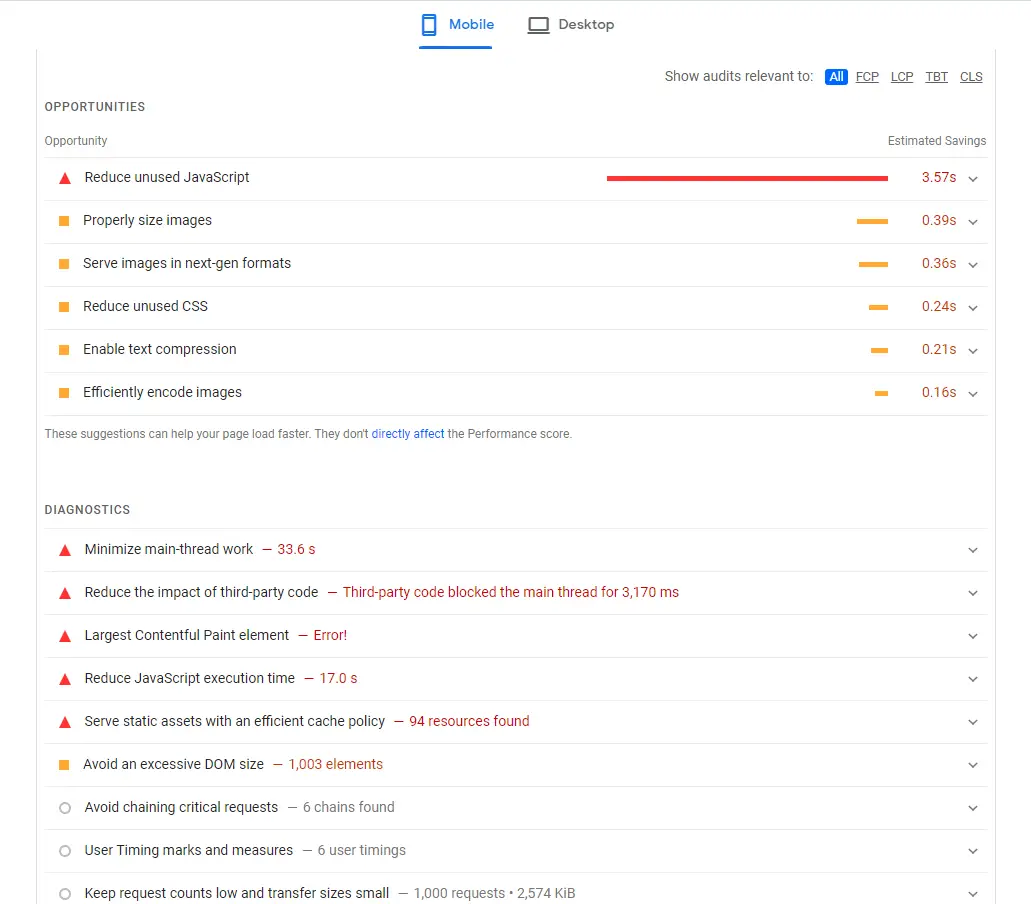 Pagespeed insights audit tool opportunities