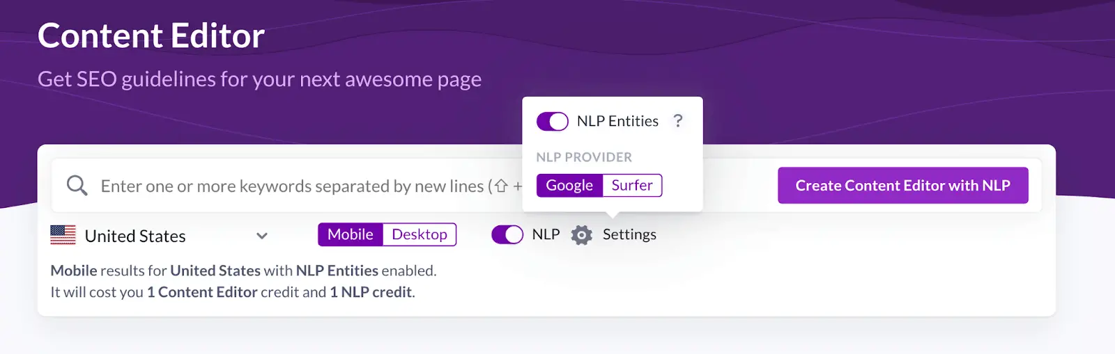 Surfer SEO content editor NLP