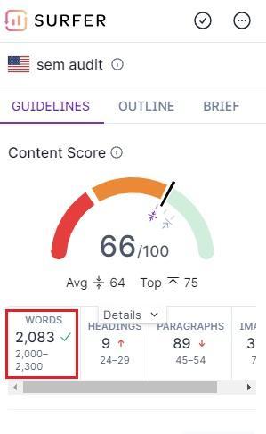Blog Post Has a Competitive Word Count: Surfer SEO tool example