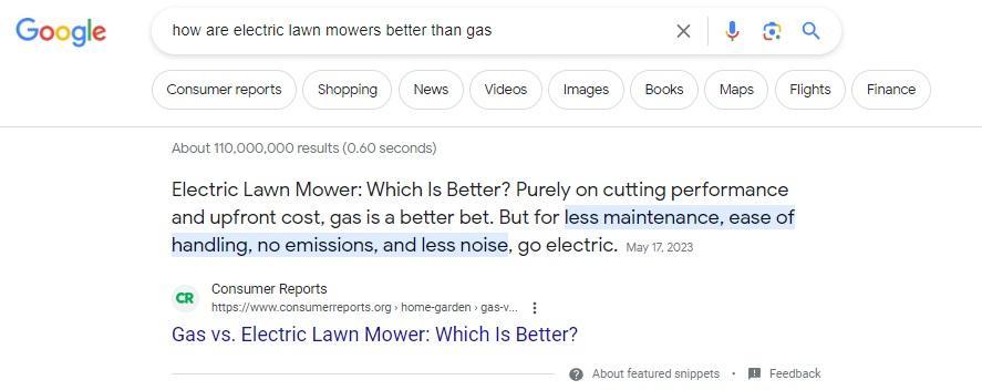 Optimize the Content for Featured Snippets: Example snippet in Google