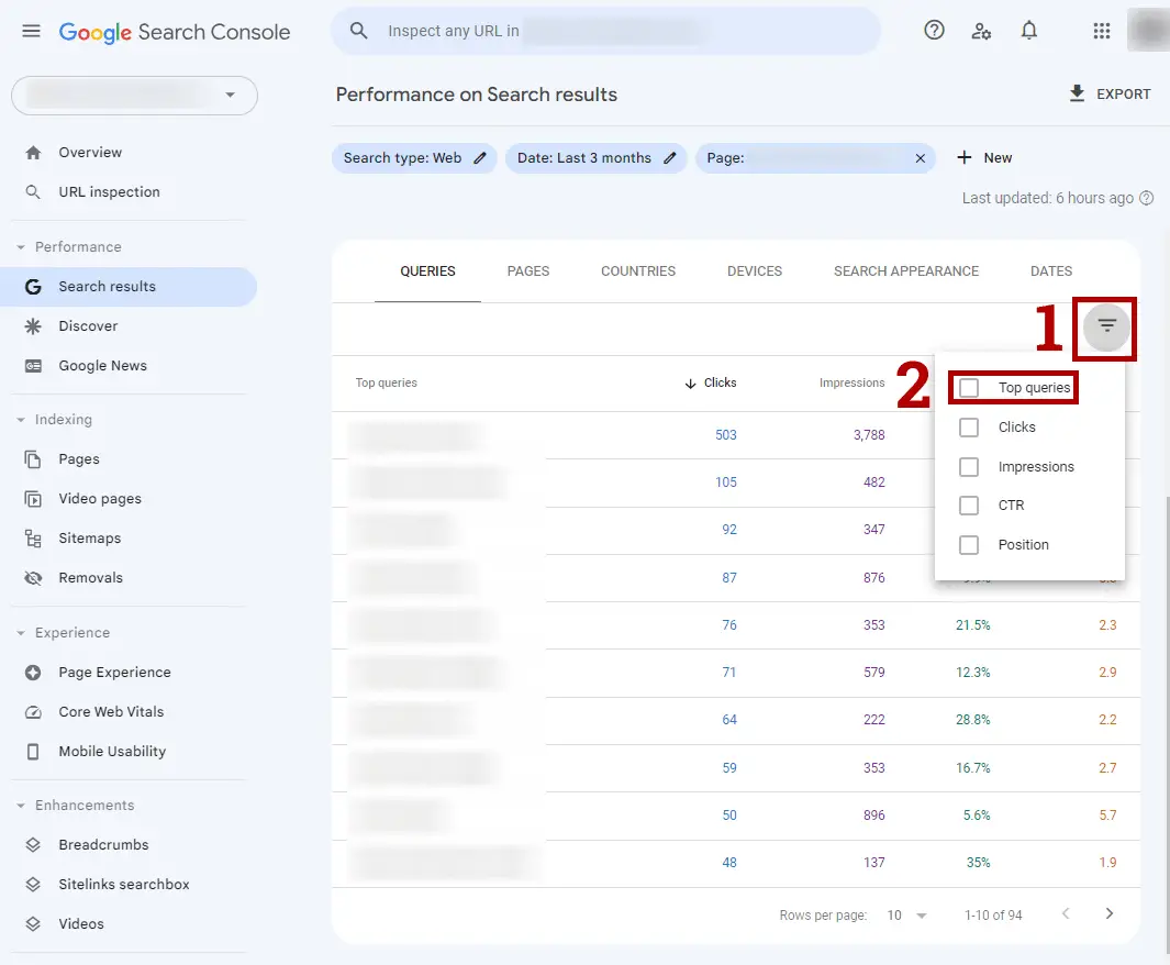 Google Search Console filter queries