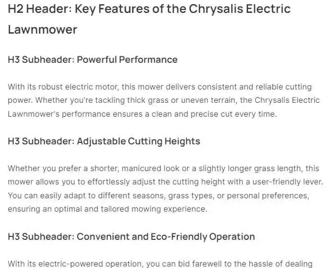 User proper heading structure: Example H2 header followed by H3 subheadings