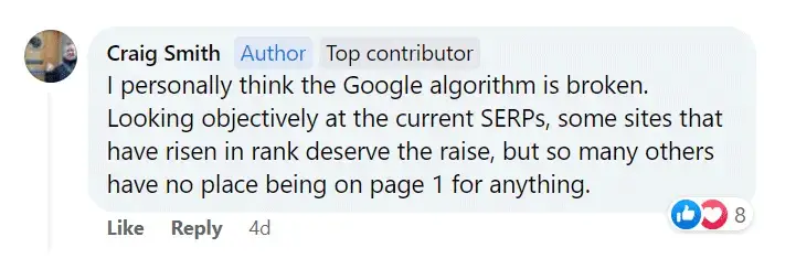 Craig Smith's post on Ezoic Facebook Group about the Google Helpful Content Update being broken