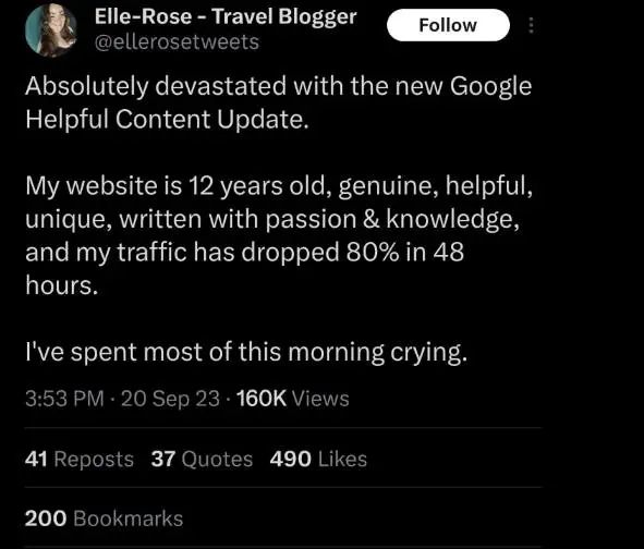 Elle-Rose Travel Blogger post on X about losing 80% of traffic from the Google Helpful Content Update