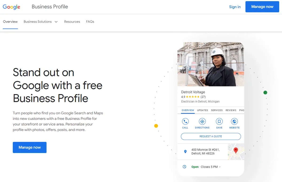 Google Business Profile sign up page for financial advisors and planners