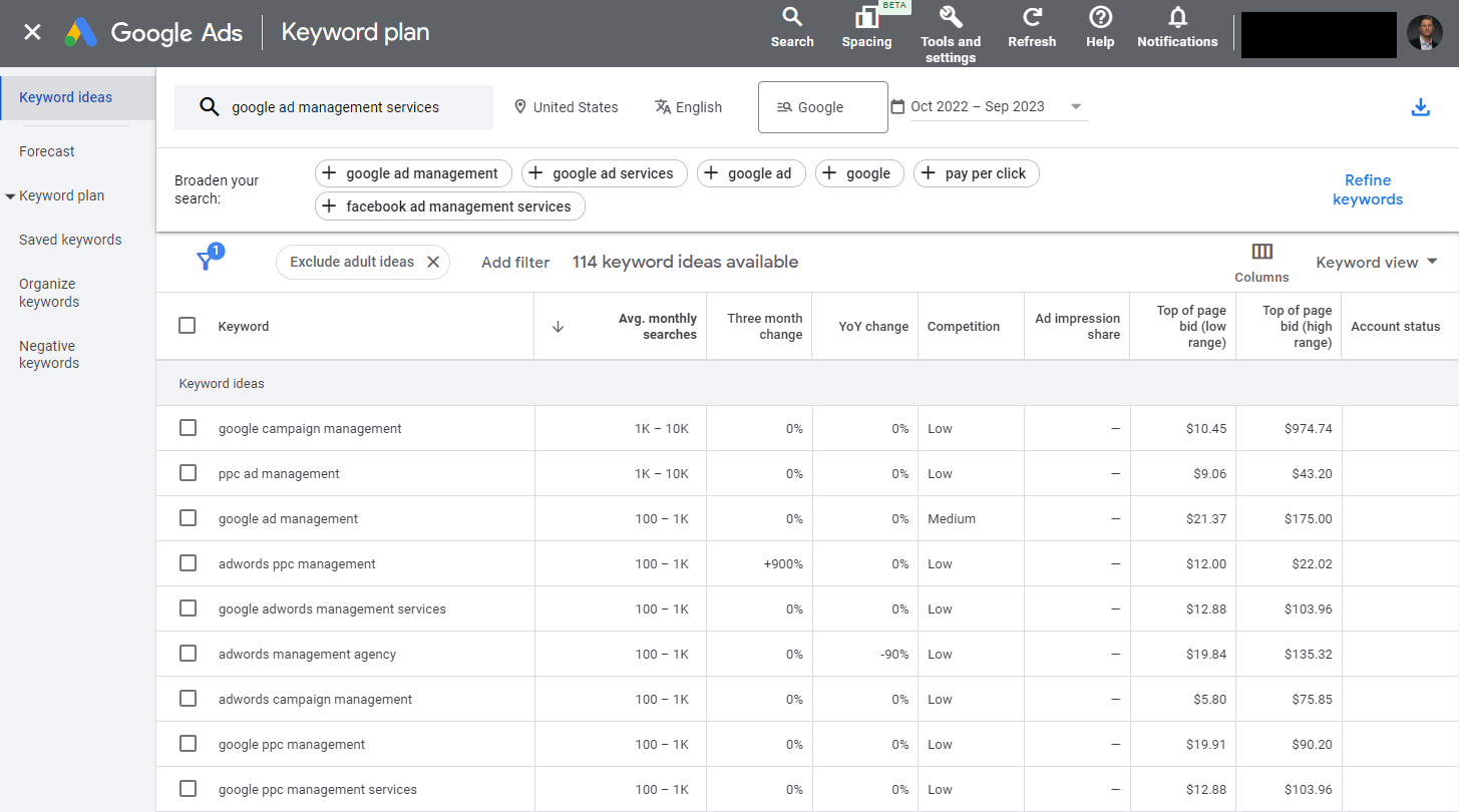 Google Keyword Planner example for finding keywords to buy on Google