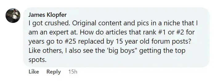 James Klopfer's post about getting crushed by the Helpful Content System
