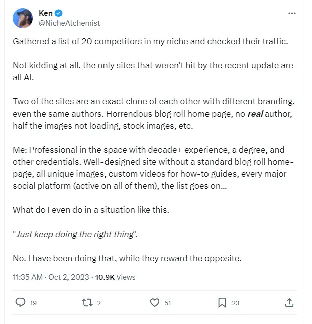 NicheAlchemist's post on X about the Google Helpful Content low-quality content