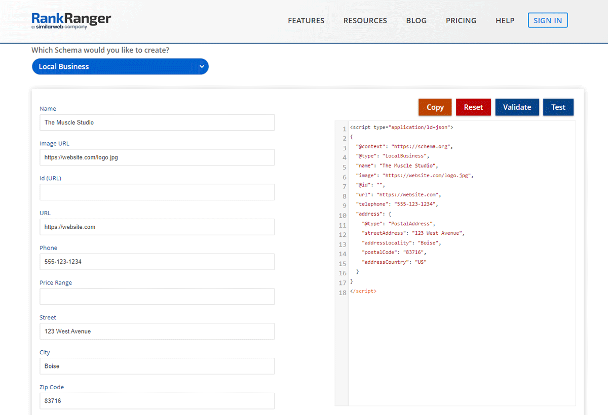 Rank Ranger's Schema Markup tool example for local fitness and gym centers