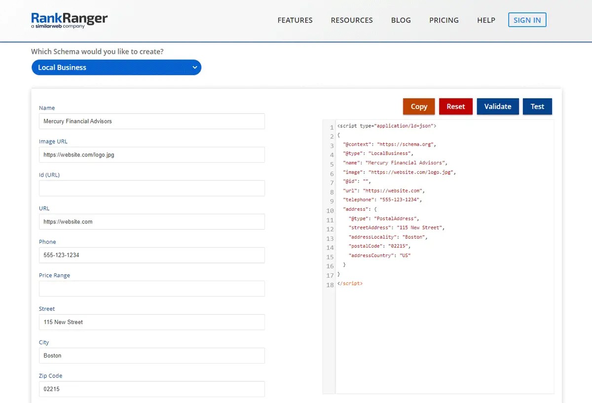 Rank Ranger's Schema Markup tool for local businesses