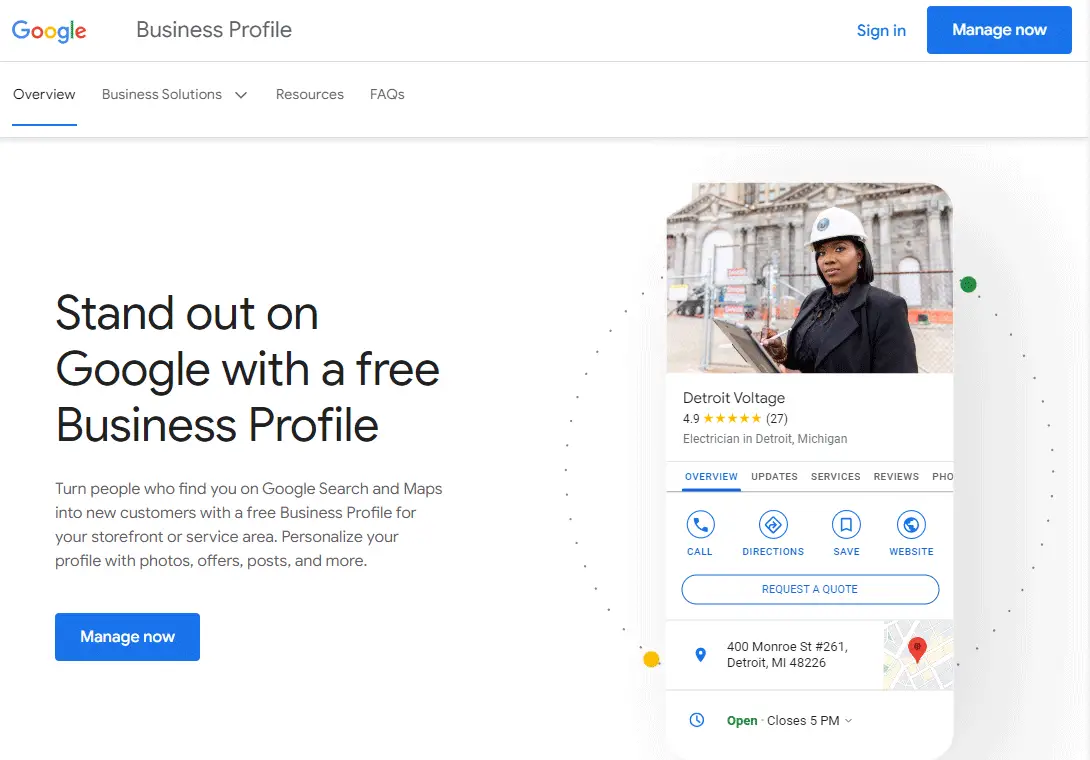 Step 1 for adding social media links to Google Business Profile: Manage Now button on Google.com/Business
