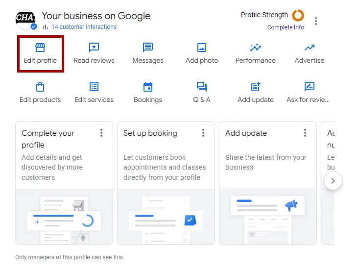 Step 2 for putting social media links on Google My Business listing: Edit Profile button