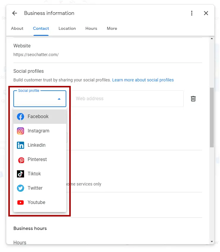 Step 5 Social Profile dropdown menu with social media channel choices