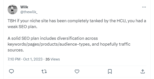 Wilk's post on X about niche site owners having a weak SEO plan
