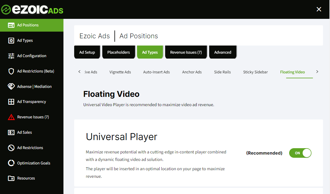 Ezoic Universal Player Ezoic Ads Floating Video Setting