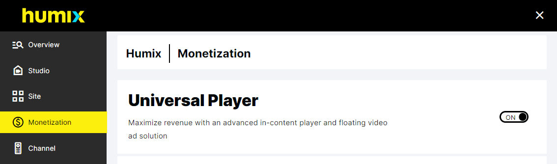 Ezoic Universal Player Humix Monetization Settings