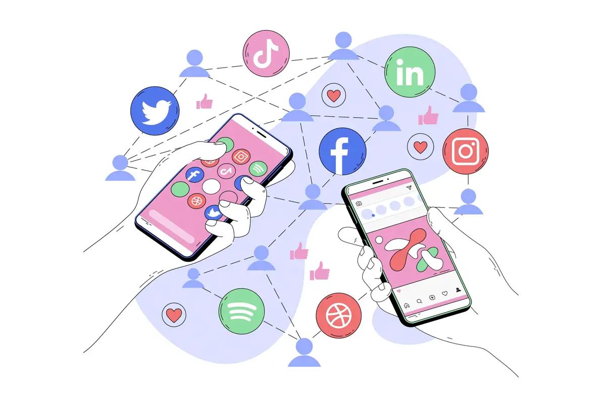 Mobile creens with various social media icons and links displayed, representing social media backlink sites