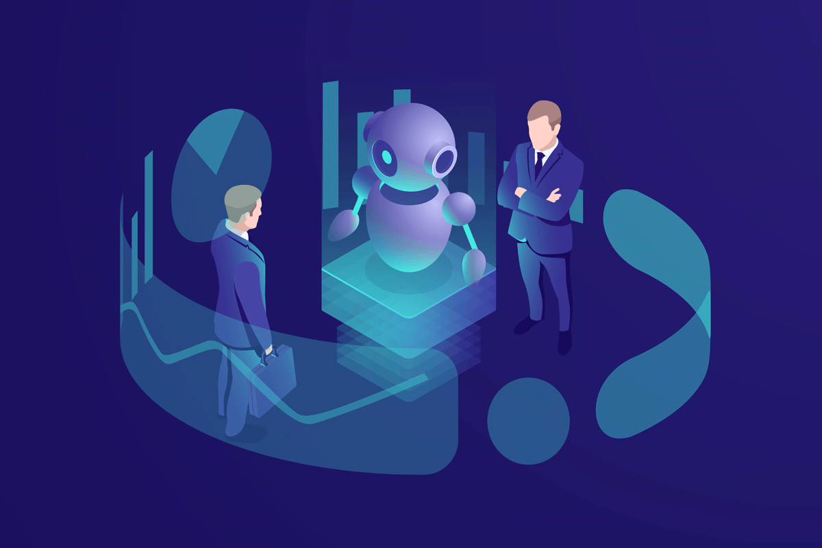 Two business owners and an AI robot representing AI in B2B marketing